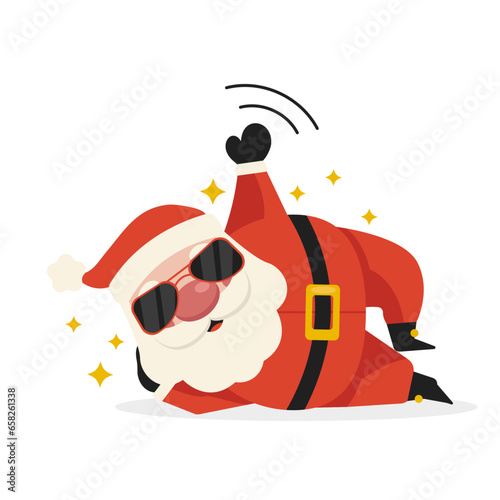 Cartoon Santa Claus walks in sunglasses, lies funny and waves his hand. Merry Christmas. Vector graphic.