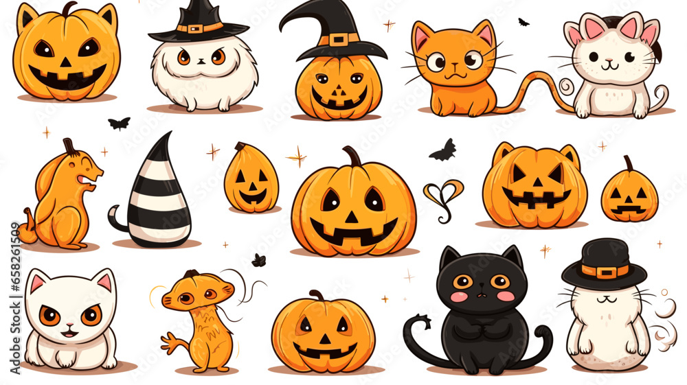 Obraz premium hand draw, 2d, Happy Halloween set of elements, ghost, pumpkin, bat and cat. Vector is cute illustration in hand drawn style isolated on white background. Decorative elements for website, book, postca