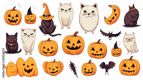 hand draw, 2d, Happy Halloween set of elements, ghost, pumpkin, bat and cat. Vector is cute illustration in hand drawn style isolated on white background. Decorative elements for website, book, postca photo