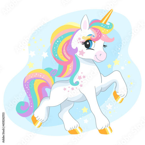 Cute cartoon happy character unicorn vector illustration