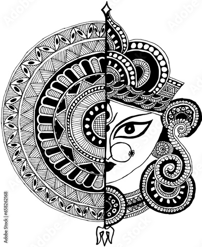 Transparent background png file of Graphic image of handmade painting of Hindu Goddess Durga.  Happy Navratri or Durga Puja.