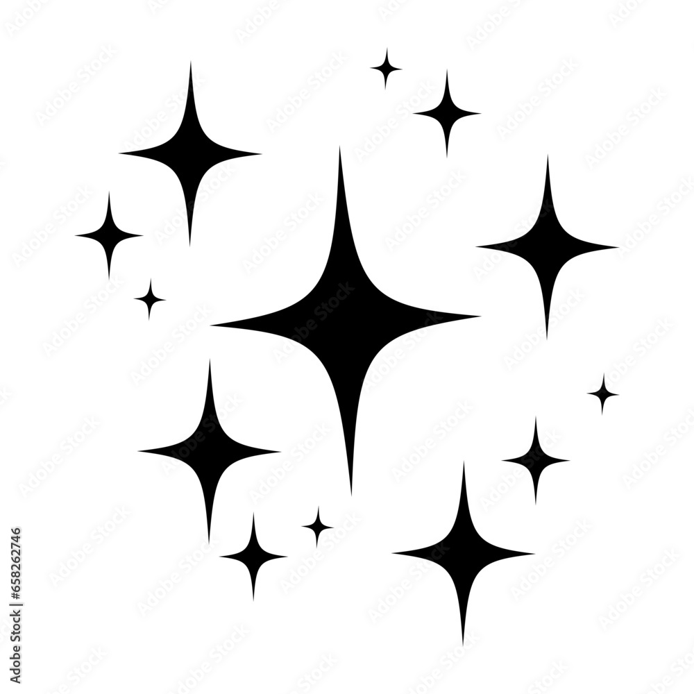 Black decorative sparkles, sparkling stars, shiny flashes of fireworks. Collection original stars Black decorative sparkles, sparkling stars, shiny flashes of fireworks. Collection original stars