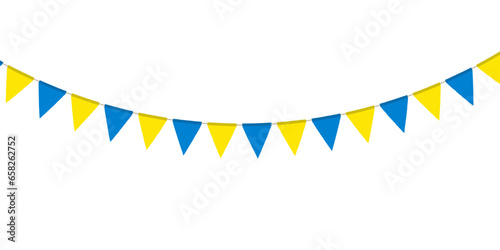 Blue and yellow flag garland. Triangle pennants chain. Party pennants, window or wall decoration decoration. Celebration flags for decor