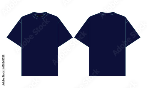 Blank Navy Blue Short Sleeve Oversize T-Shirt Template on White Background. Front and Back View, Vector File.