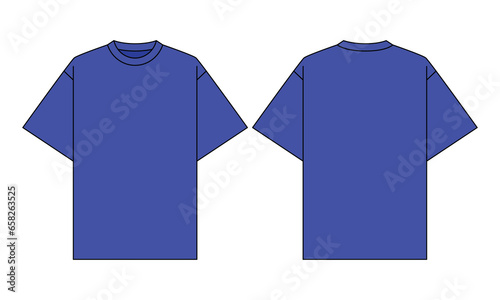 Blank Blue Short Sleeve Oversize T-Shirt Template On White Background.Front and Back View, Vector File.