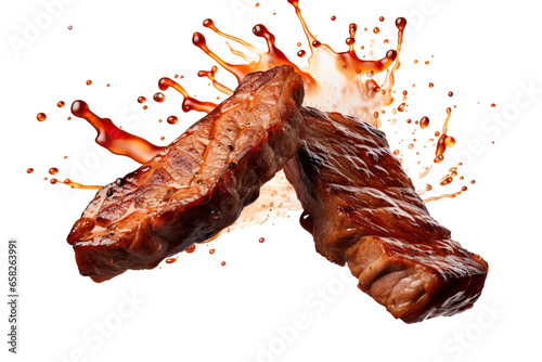 Grill Pork Chops steaks, realistic 3d brisket flying in the air, white background PNG