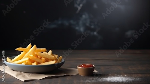 French Fries on Plate  with Sauce Placed on Table