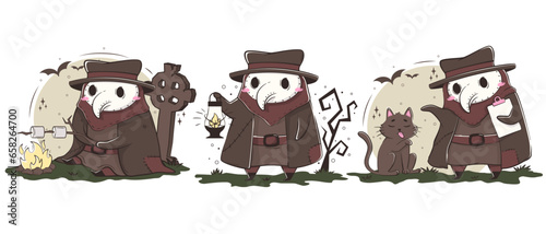 Set of cute kawaii plague doctor in various poses. Medical routine cartoon humorous concept.