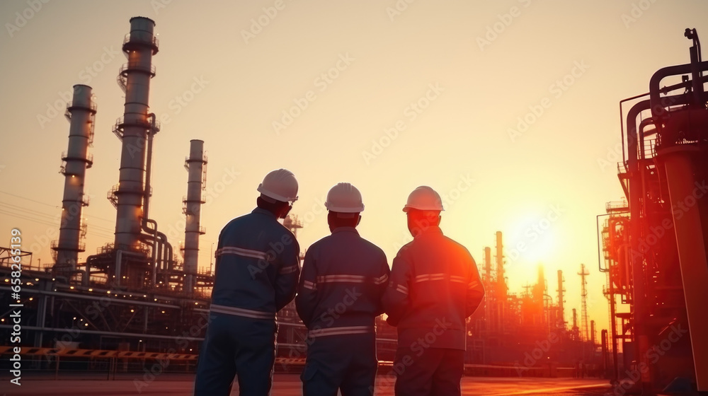 Silhouette of Teams engineer and foreman working at petrochemical oil refinery in sunset. - obrazy, fototapety, plakaty 