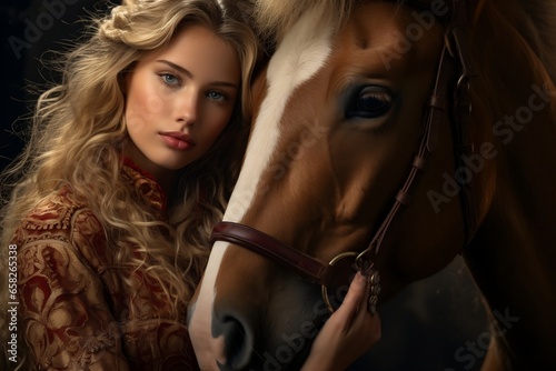 Royal Woman and her Brown Horse. Generative Ai