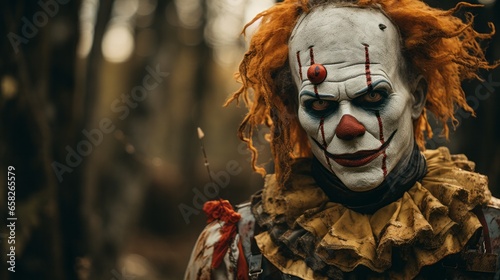 Photo of a sinister clown with an unnerving expression created with Generative AI technology