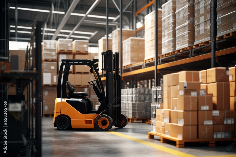 Forklift loading goods in warehouse with high shelves. Interior of modern warehouse. Generative AI