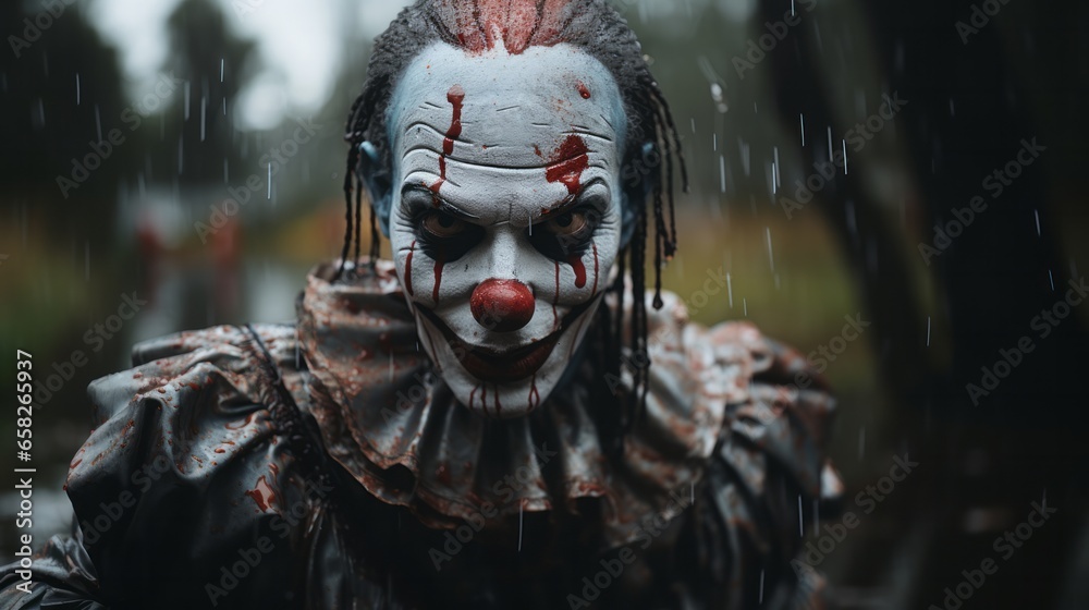 Photo of a sinister clown with an unnerving expression created with Generative AI technology Photo of a sinister clown with an unnerving expression created with Generative AI technology