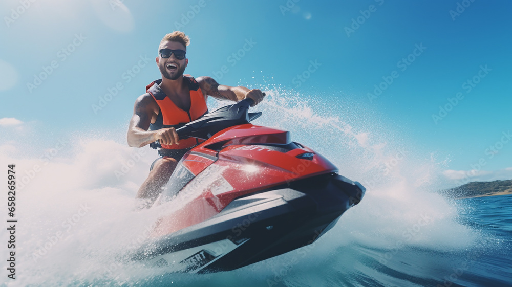 Man riding a jet ski on a sunny summer day in the open sea and drive through the waves quickly Wear a life jacket for safety. holiday happiness beautiful sea scenery. Generative AI