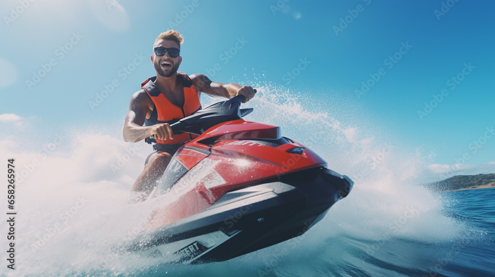 Man riding a jet ski on a sunny summer day in the open sea and drive through the waves quickly Wear a life jacket for safety. holiday happiness beautiful sea scenery. Generative AI Man riding a jet ski on a sunny summer day in the open sea and drive through the waves quickly Wear a life jacket for safety. holiday happiness beautiful sea scenery. Generative AI