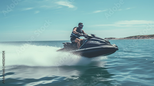Man riding a jet ski on a sunny summer day in the open sea and drive through the waves quickly Wear a life jacket for safety. holiday happiness beautiful sea scenery. Generative AI photo
