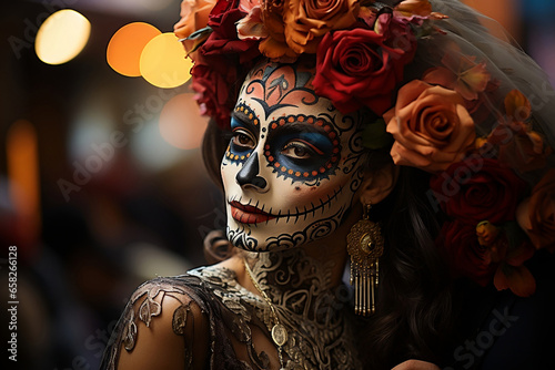 woman celebrates Halloween with a group of candles and bright lights, A Vibrant and Artistic Illustration of a Festive Mexican Skull – Embrace the Culture and Traditions of the Day of the Dead with th © faissal El Kadousy