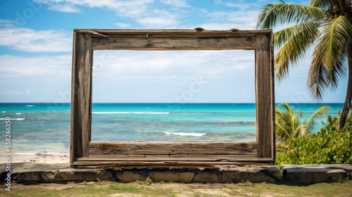 Inviting weathered wooden frame on a palm tree  beach and sea in the background.