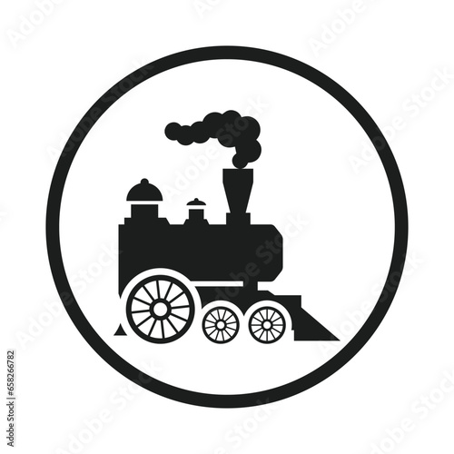 Old locomotive or train on railway. Retro transport. Hand drawn sketch vector illustration in vintage engraving style