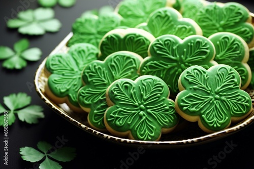 Festive shamrock-shaped cookies for St. Patrick's Day celebration. Generative AI