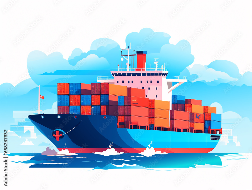 Obraz premium Cargo ship in ocean illustration. Freight transport with loaded container ship flat style. Import and export. International delivery concept.