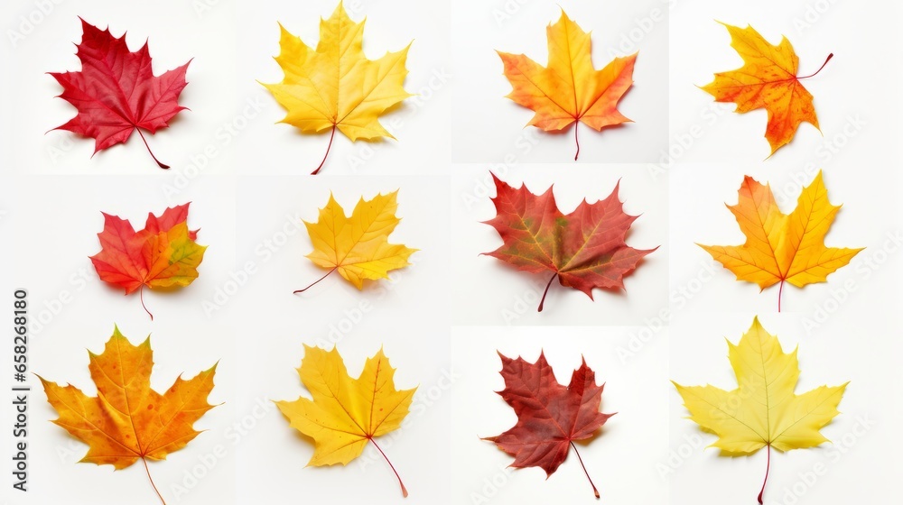 An autumn leaf set in yellow, orange, red, burgundy, green colors on a white background for creativity