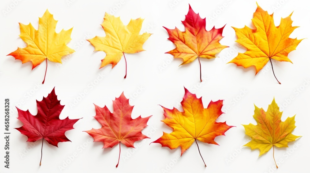 An autumn leaf set in yellow, orange, red, burgundy, green colors on a white background for creativity