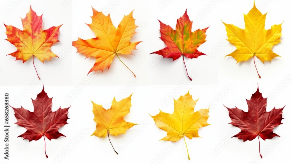 Fototapeta premium An autumn leaf set in yellow, orange, red, burgundy, green colors on a white background for creativity