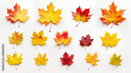 An autumn leaf set in yellow  orange  red  burgundy  green colors on a white background for creativity