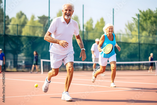An elderly couple is actively spending time on an outdoor tennis court.