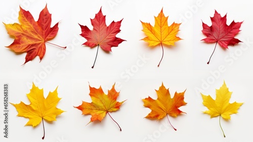 An autumn leaf set in yellow, orange, red, burgundy, green colors on a white background for creativity