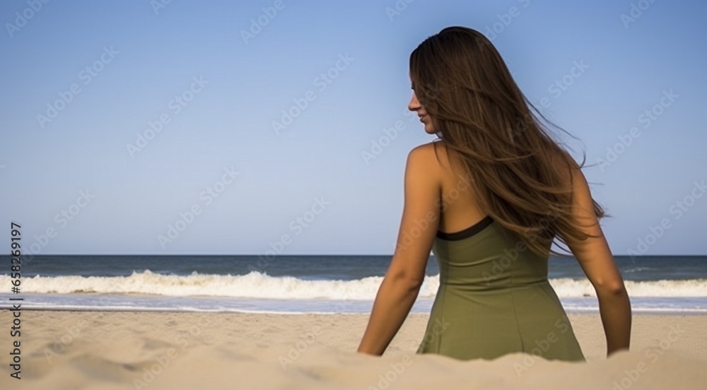 pretty young girl on the beach, pretty girl walking on the beach, young woman running on the beach, backside view