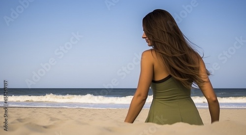 pretty young girl on the beach, pretty girl walking on the beach, young woman running on the beach, backside view © Gegham