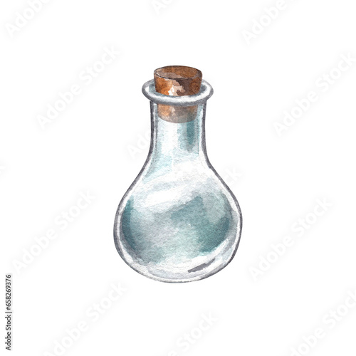 Wallpaper Mural Old alchemical flask with stopper. Watercolor hand drawn illustration of glass chemical flask. Clipart on a white background on the theme of alchemy, chemistry and medicine. Torontodigital.ca