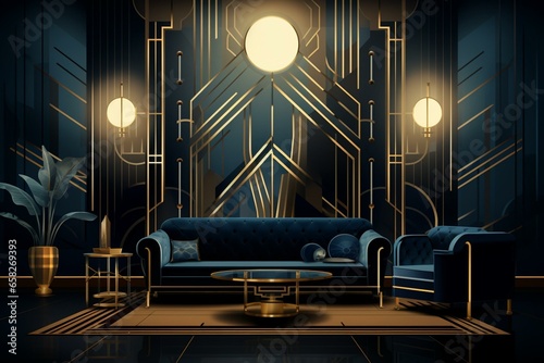 Illustration of an exquisite lounge with geometric shapes and metallic accents  showcasing captivating art deco interior design. Generative AI