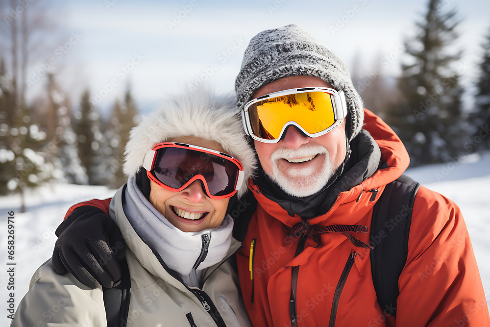 An elderly couple poses on a snowy slope in ski equipment.