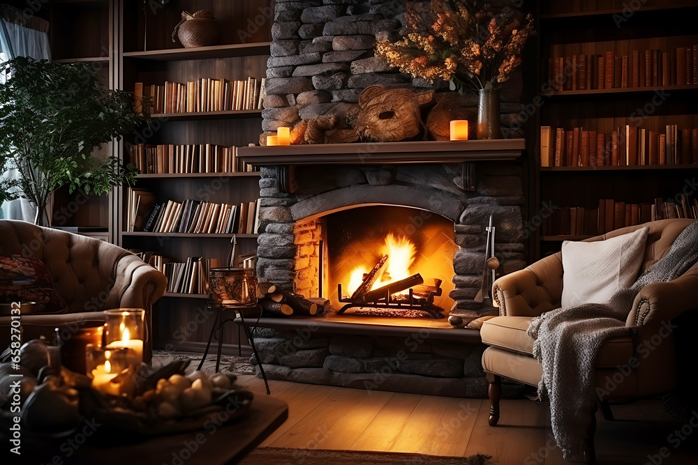 Fireplace room with warm fire surrounded by bookshelves and comfortable armchairs