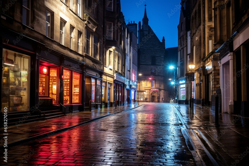 Nighttime photo of Victoria Street in Edinburgh. Generative AI - obrazy, fototapety, plakaty 