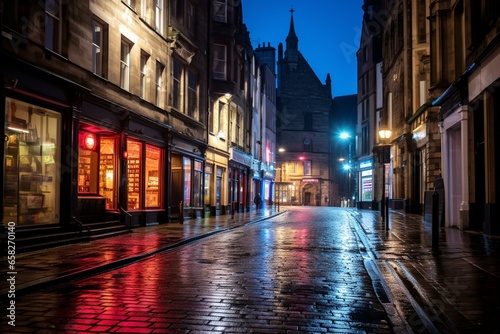 Nighttime photo of Victoria Street in Edinburgh. Generative AI photo