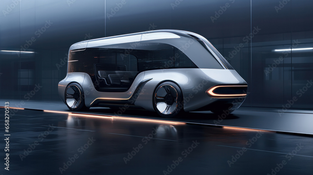 3D illustration of unmanned autonomous cargo transportation. An autonomous, electric, self-driving truck moves along the road.
