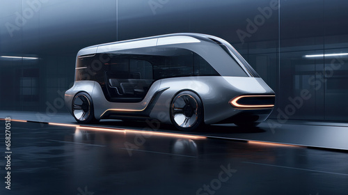 3D illustration of unmanned autonomous cargo transportation. An autonomous, electric, self-driving truck moves along the road.