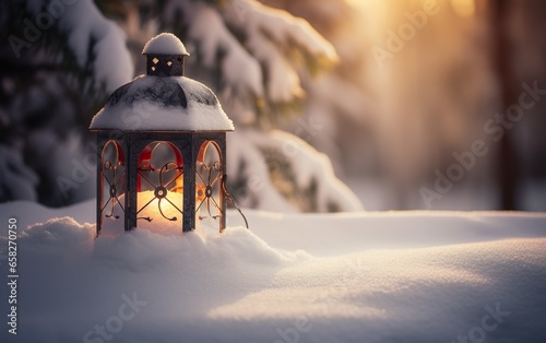 Christmas Lantern On Snow With Fir Branch in the sunrise. AI, Generative AI © Stormstudio