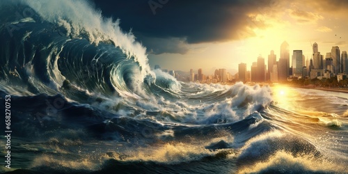 Huge tsunami wave is approaching a city with skyscrapers , concept of Natural disaster photo