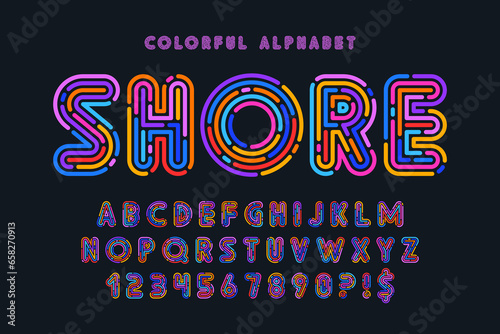 Colorful neon light alphabet, multicolor stroke style.
