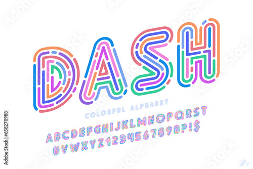 Colorful neon light alphabet, multicolor stroke style.