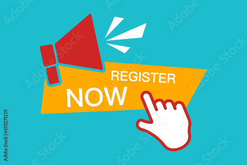 Register Now banner, speech bubble label register now. Vector illustration