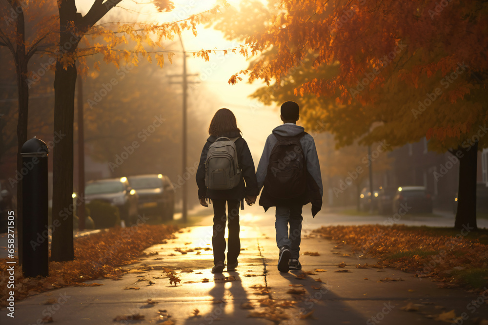 Two schoolchildren in love walk to school hand in hand
