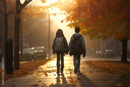 Two schoolchildren in love walk to school hand in hand