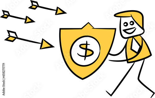 Doodle Businessman Holding Dollar Shield and Arrow

