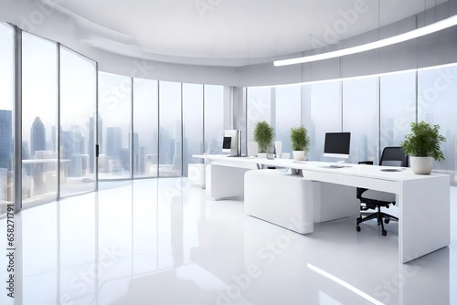 Generate a sophisticated 3D-rendered scene of an executive office in modern white tones. Focus on luxurious furnishings  such as a contemporary desk  leather chairs  and stylish decor. Use subtle ligh
